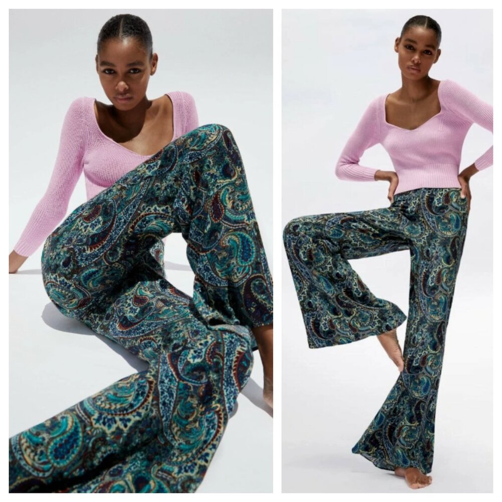Zara Paisley Print Blue & Purple Flared Flowy High Waist Pants